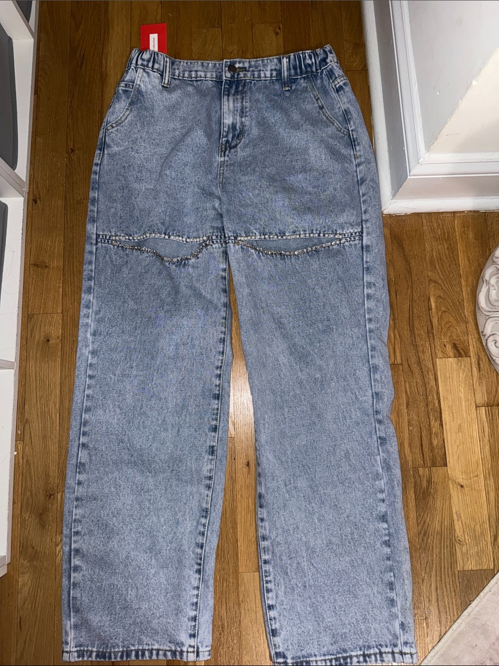 Light Wash Blue Jeans - Classic Straight Fit with cut outs